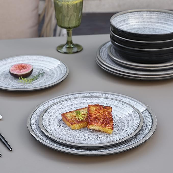 Melamine Dinnerware Sets 12 PCS - Service for 4 Plates & Bowls Sets Dishwasher Top-Shelf Safe, BPA Free Dinner Dishes Set for Everyday Use-Granite Pattern Black Back