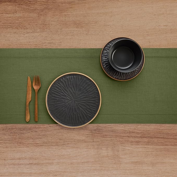 Solino Home Linen Olive Table Runner 132 Inches Long - 100% Pure Linen Extra Long Table Runner 14 x 132 Inch for Fall, Autumn, Thanksgiving - Classic Hemstitch