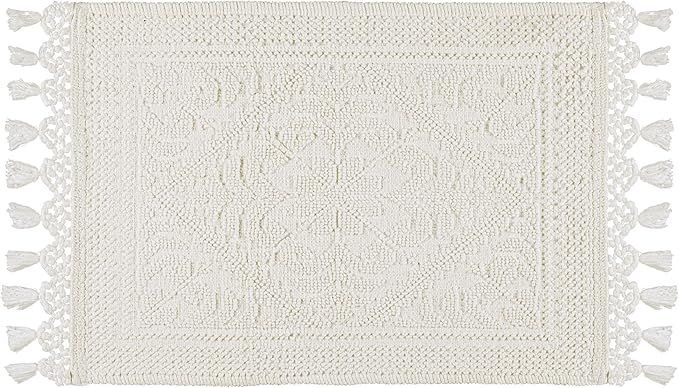 Savi Home Cotton Woven Jacquard Bathroom Rug Set of 2, Woven Fringe Bathroom Mats, 100% Cotton, Non - Slip Bath Mat, Durable Thick Bath Mat 17”x30”& 20"x38" with Fringes, Ivory