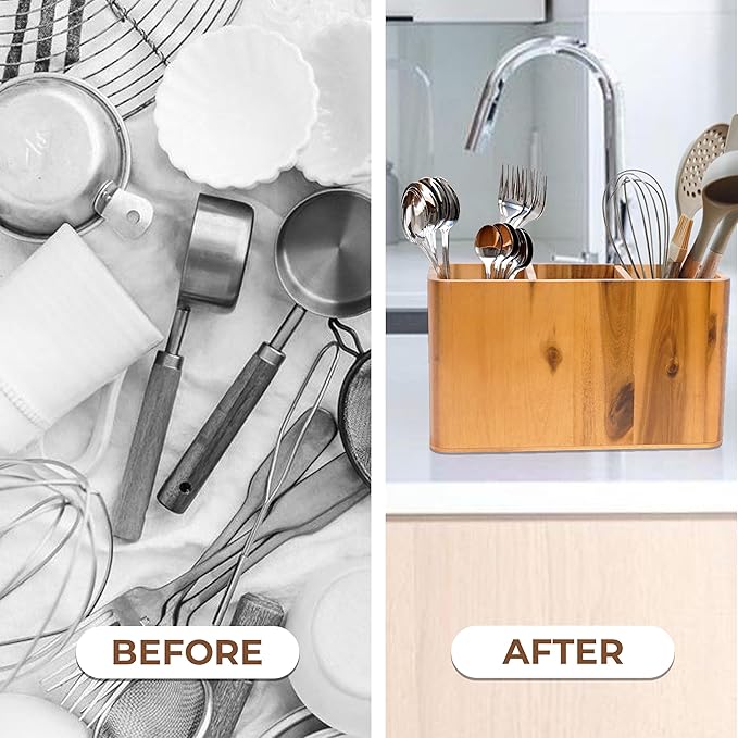 Wooden Utensil Holder for Kitchen Counter, 3 Compartments, Rectangle & Handles, Spatula Spoon Cooking Gadgets Tools Organizer, Large Utensil Crock
