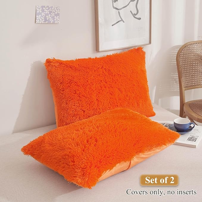 XeGe Faux Fur Fluffy Pillow Cases, Soft Plush Shaggy Furry Orange Pillowcases, Velvet Fuzzy Decorative Throw Pillow Covers for Bed Couch, Zipper Closure, Set of 2(King Size, Orange)