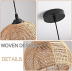 3 Pack Wicker Pendant Light Natural Woven Pendant Light Boho Chandelier Light Fixture Dome Rustic Farmhouse Pendant Lights Rattan Light Fixture for Dining Room Kitchen Island (Bulb Incl.)