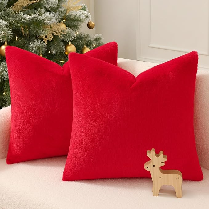 Pallene Faux Fur Plush Christmas Throw Pillow Covers 18x18 Set of 2, Soft Fluffy Couch Pillow Covers for Living Room, Red