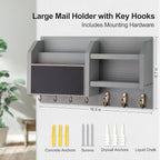 Mail and Key Holder – Wall Mount Key Hanger with Shelf and 7 Metal Hooks – Decorative Natural Paulownia Wood Entryway Organizer with Mounting Hardware (16.5”W x 8.7”H x 3.5”D) (Gray)