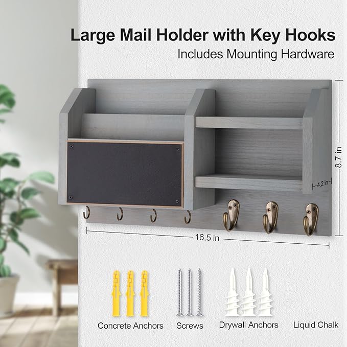 Mail and Key Holder – Wall Mount Key Hanger with Shelf and 7 Metal Hooks – Decorative Natural Paulownia Wood Entryway Organizer with Mounting Hardware (16.5”W x 8.7”H x 3.5”D) (Gray)