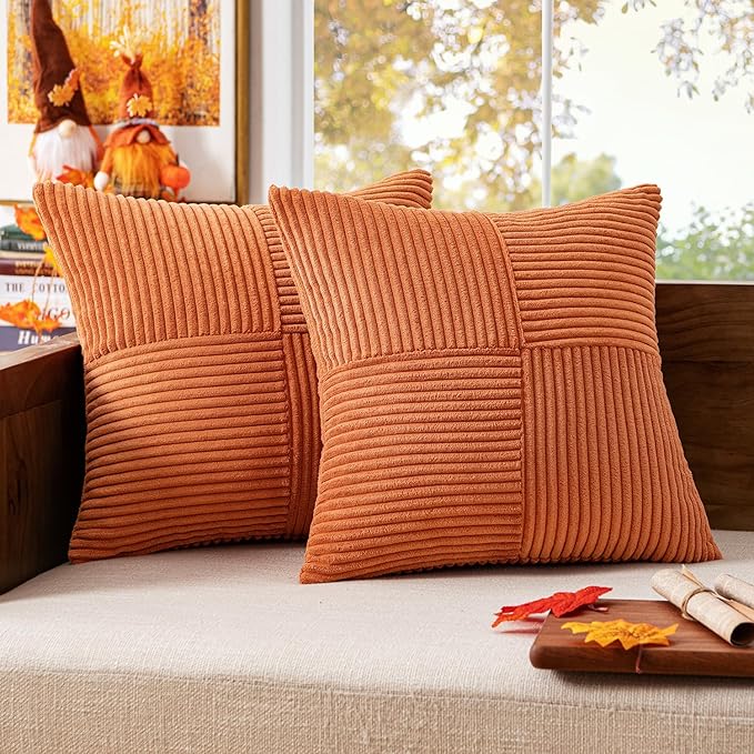 MIULEE Fall Orange Corduroy Pillow Covers Pack of 2 Boho Decorative Spliced Throw Pillows Soft Cross Patchwork Textured Covers Pillowcases Home Decor for Couch Living Room Bed Sofa 20x20 inch