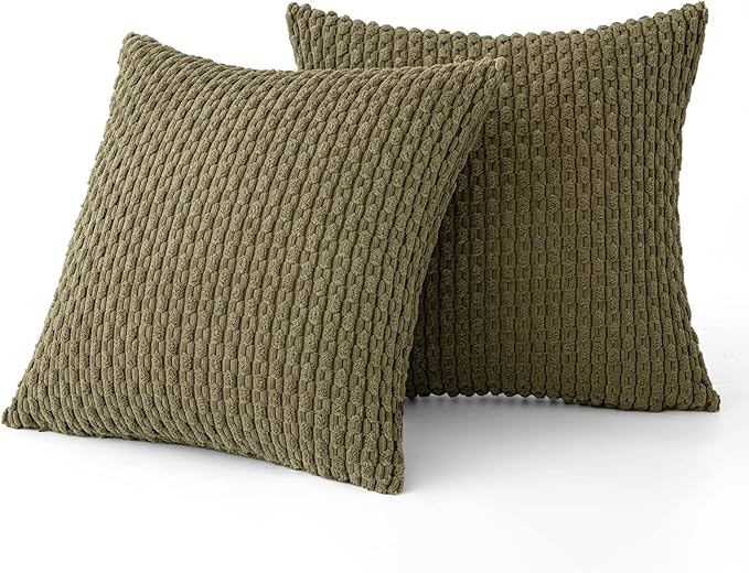 MIULEE Pack of 2 Decorative Throw Pillow Covers 18x18 Inch Soft Boho Striped Textured Corduroy Pillow Covers Modern Farmhouse Home Decor for Couch Bed Sofa Living Room Olive Green