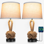22" Rope Lamps for Night Stands, Bedside Lamps Set of 2, Boho Table Lamps for Living Room End Tables, 3-Color Temperatures Boho Lamp with Rotary Switch, Rattan Lamp with USB Ports, Bulbs Included