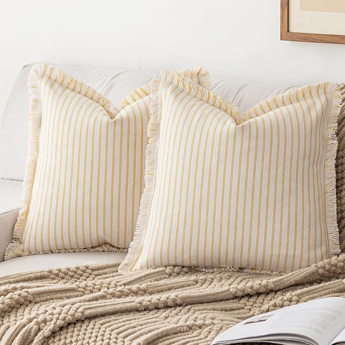 Throw Pillow Covers 24x24 Set of 2 Striped Fringe Pillow Cover Farmhouse Cushion Covers with Tassel Neutral Boho Pillows Decorative Square Pillowcase for Couch Sofa Bed, Yellow
