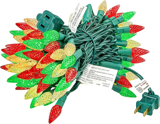 BOHON Red White and Green Christmas Lights, Faceted C6 34ft 100 LED String Lights Plug in, Extendable Green Wire Mini String Lights for Outdoor Indoor Xmas Tree Decoration Waterproof UL Certified