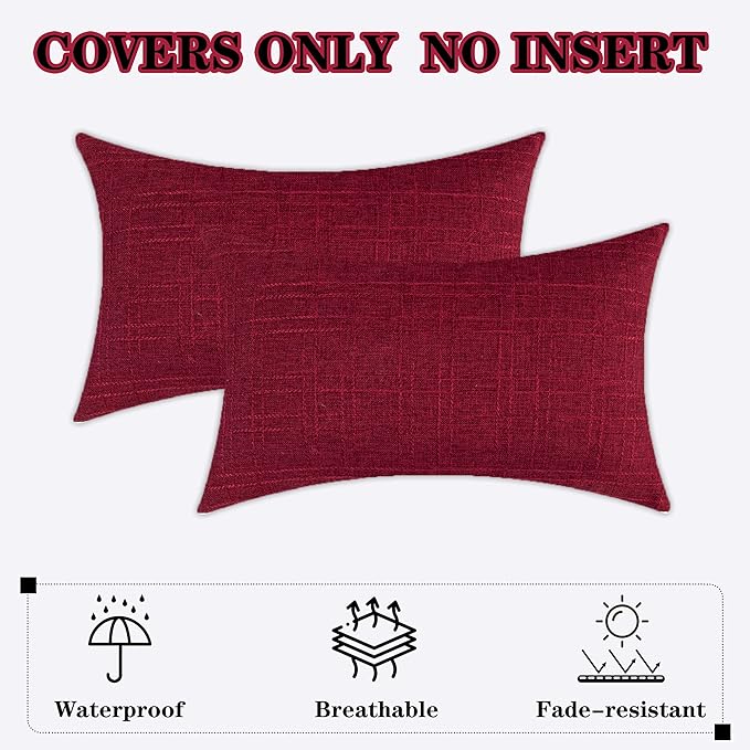 Kevin Textile Pack of 2 Outdoor Waterproof Throw Pillow Covers Decorative Square Outdoor Checkered Pillows Cushion Case Patio Pillows for Couch 12x20 inches 30x50 cm Red