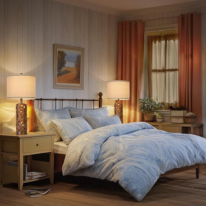 AIDENOEY 27.5" H 3-Way Dimmable Touch Control Table Lamp with USB A+C Ports, Vintage Walnut Finish Resin Bedside Farmhouse Table Lamp Set of 2，for Living Room，Bedroom，Office