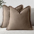 MIULEE Decorative Throw Pillow Covers Neutral Linen Fringe Throw Pillows Set of 2 Cocoa Brown Boho Farmhouse Cushion Covers for Couch Sofa Bed Living Room Spring Home Decor 20x20 Inch