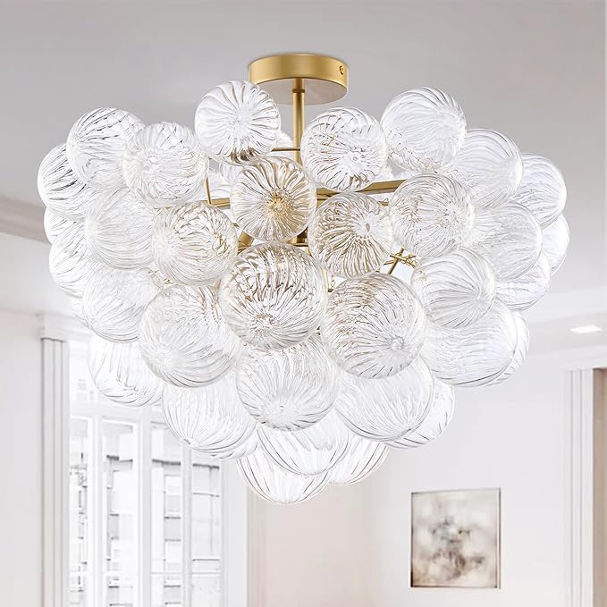 Longree Nordic Bubble Ball Swirled Glass Ceiling Lights Fixture, Dia 24 inch Gild Brass and Clear Blown Glass Small Chandelier for Bedroom Study Bathroom