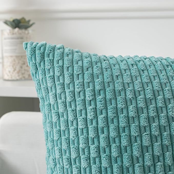 Kevin Textile Throw Pillow Covers Soft Corduroy Decorative Set of 2 Boho Striped Pillow Covers Pillowcases Farmhouse Home Decor for Couch Bed Sofa Living Room 24x24 Inch Aqua Green