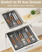 Aujen Silverware Organizer - Expandable Utensil Drawer Organizer with Non-Slip Pads, Adjustable Kitchen Drawer Organizer For Home, Apartment and Kitchen Essentials, Grey, 13.6" x 1.4" x 11.0"~19.9"