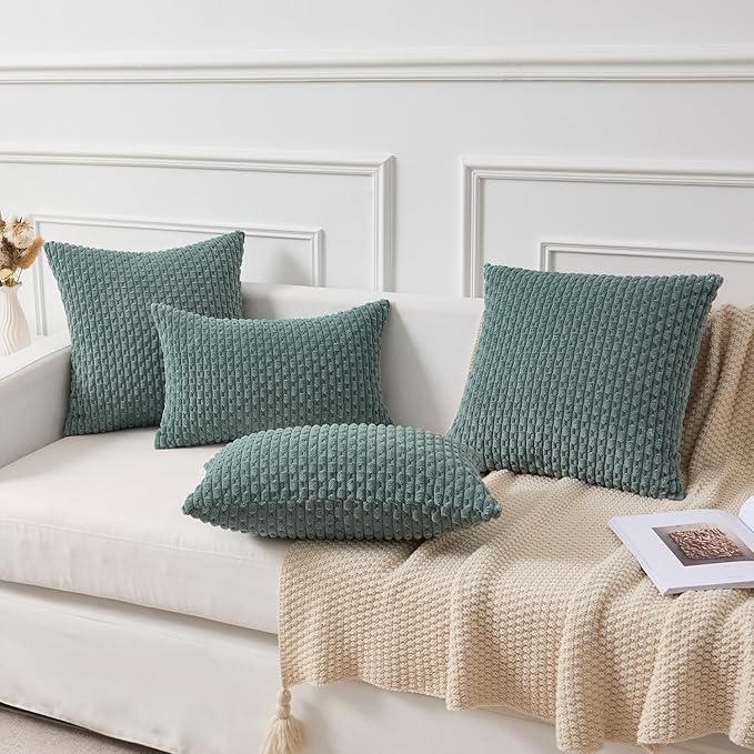 Kevin Textile Decorative Pillow Covers Set of 2 Striped Plush Corduroy Pillows Pillowcases Boho Home Decor Cushion Covers for Couch Sofa Bed Living Room 16x16 Inch, Teal Green