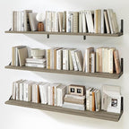 Fun Memories Extra Long Floating Wall Shelves, 48 x 8 Inches, Set of 3 Large Wood Floating Bookshelves with Metal Brackets for Storage & Display (Grey)