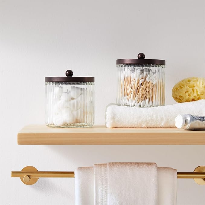 KMwares Set of 2 Glass Qtip Holder Dispenser Set for Cotton Ball, Swab, Round Pads, Floss Picks - Bathroom Canister Storage Organization and Vanity Makeup Organizer (Bronze)