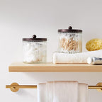KMwares Set of 2 Glass Qtip Holder Dispenser Set for Cotton Ball, Swab, Round Pads, Floss Picks - Bathroom Canister Storage Organization and Vanity Makeup Organizer (Bronze)