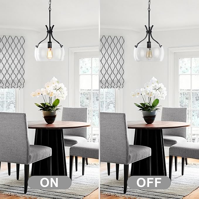 Glass Pendant Light Kitchen Island, 11.8" Industrial Hanging Light Fixture, Black Pendant Lighting with Glass Shade for Dining Room Kitchen Sink Hallway Entryway