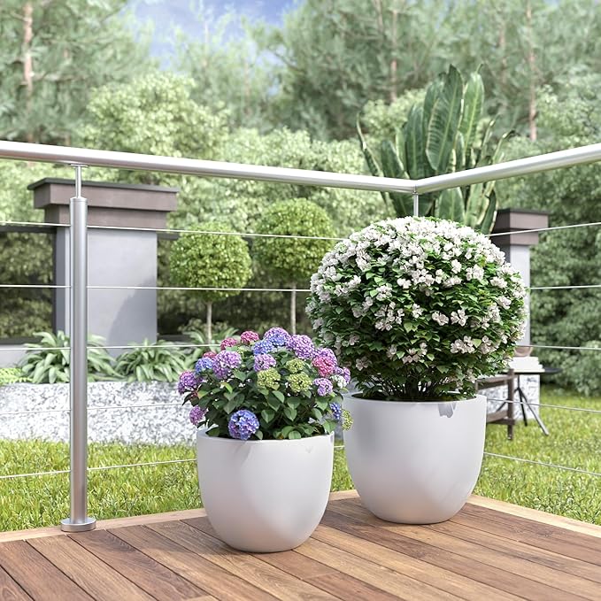DTY Signature Mount Belford Lightweight and Durable Modern Fiberstone Egg Shaped Planter for Indoor/Outdoor Drainage Hole & Rubber Plug Weather Resistant 12" H x 15" Dia, 12.8" Opening - Medium, White