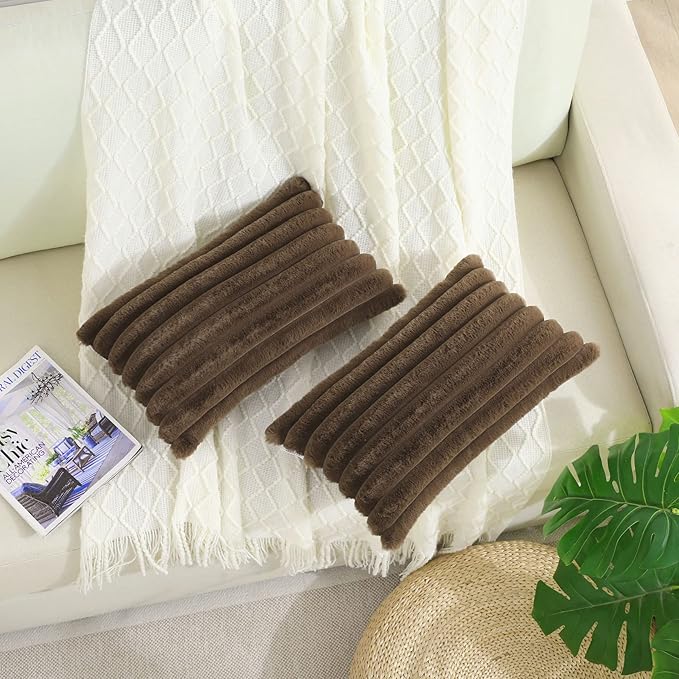 FUTEI Tan Striped Decorative Throw Pillow Covers 12x20 Inch Set of 2,Rectangle Winter Decorations Couch Lumbar Pillowcase,Soft Cozy Faux Rabbit Fur & Velvet Back,Modern Home Decor for Bed