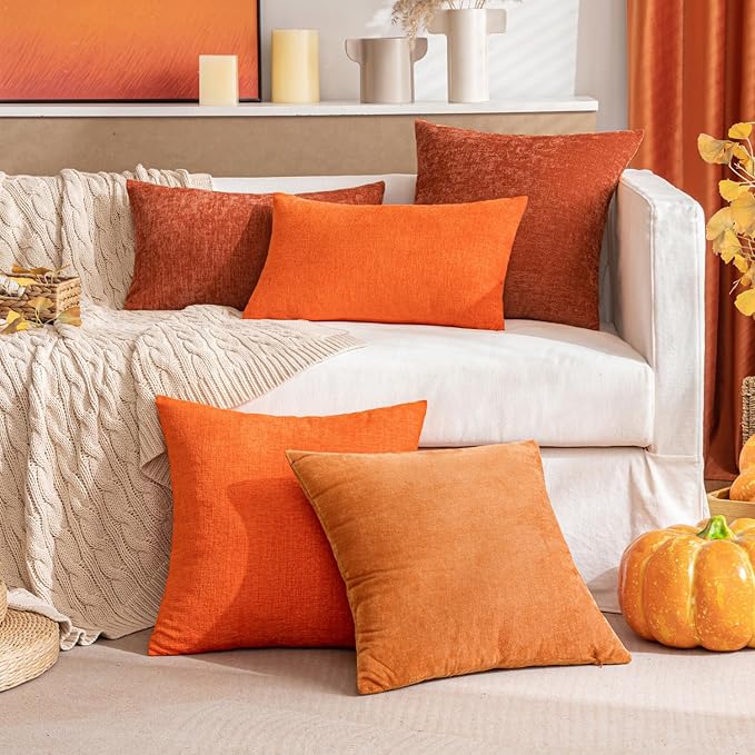 MIULEE Fall Pack of 2 Rust Throw Pillow Covers 12x20 Inch Soft Chenille Pillow Covers for Sofa Living Room Couch Solid Dyed Cases
