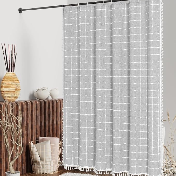 MitoVilla Grey Boho Small Stall Shower Curtain Set 36 x 72, Half Size Narrow Polyester Linen Fabric Shower Curtains for Farmhouse Bathroom Decor, Light Grey