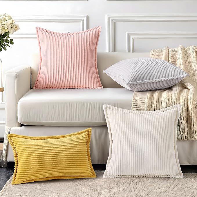 Mecatny Corduroy Throw Pillow Covers 16x16 Set of 2, Neutral Decorative Soft Boho Couch Pillow Covers with Broadside for Sofa Living Room, Pink