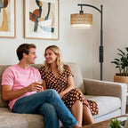 Ambimall Arc Floor Lamp for Living Room with Remote, Color Temperature & Brightness Adjustable, Boho Standing Lamp with Rattan & Fabric Double Drum Shades, Bulb Included(Black)