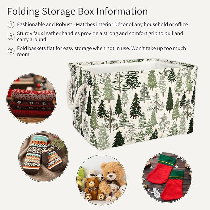 2Pcs Christmas Rectangle Storage Basket 15 x 10.2 x 9.4 In Xmas Pine Tree Foldable Open Toy Organizer Bag with Handle Large Laundry Dirty Cloth Storage Bin for Bedroom Shelves Closet
