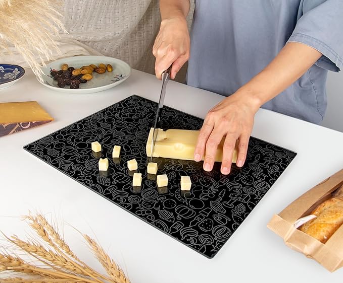 Glass Cutting Board 16"x12": Tempered Glass Kitchen Counter Protector - Durable- Scratch-Resistant, Heat-Proof - Design 4 - Black Design