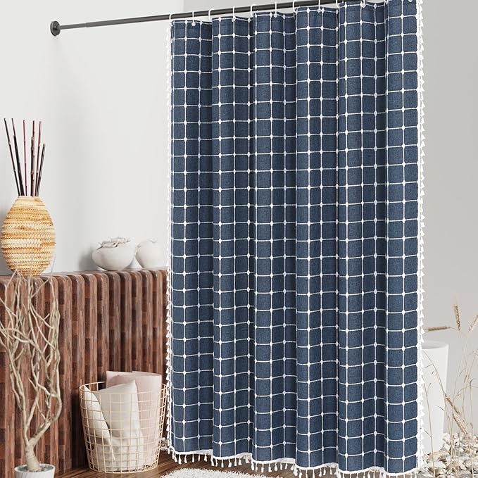 MitoVilla Navy Blue 72 x 78 Farmhouse Shower Curtain, Boho 78 inch Long Polyester Linen Tassel Fabric Shower Curtain Set for Chic Cottagecore French Rustic Bathroom Decor