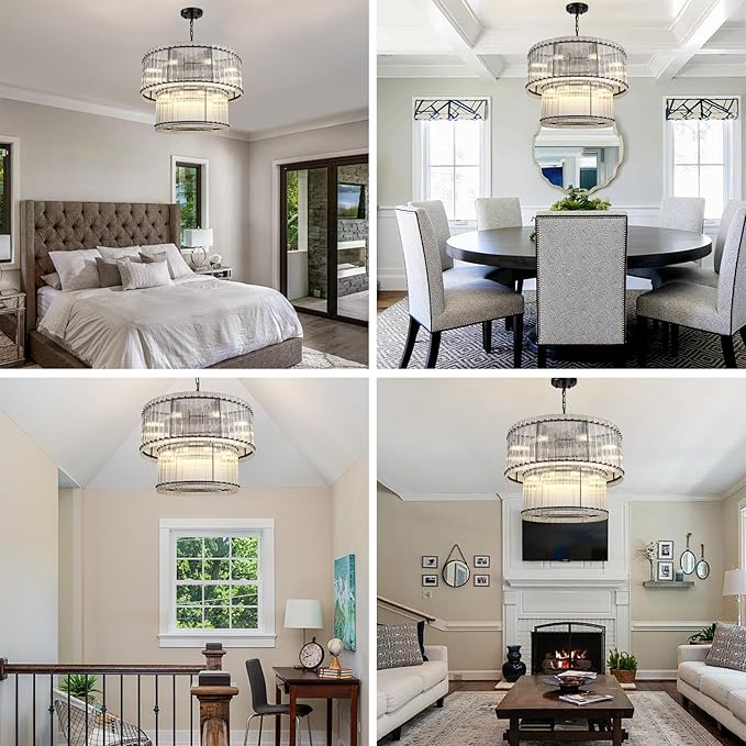 37" Modern Black Round Chandeliers, 3-Tier 16-Light Water Ripple Crystal Glass Chandelier, for Living Room, Foyer, High Ceiling Staircase, Dining Room, Luxury Adjustable Hanging Chandelier