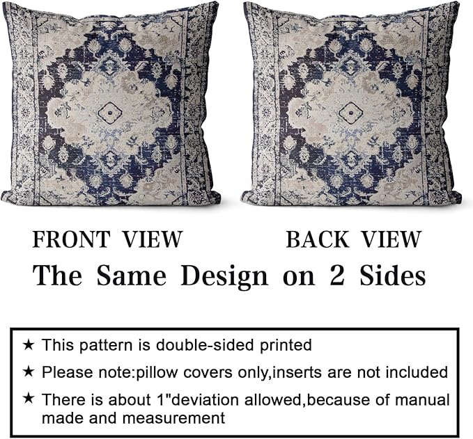 Snycler Boho Throw Pillow Covers 16x16 inch Set of 2 Boho Rug Carpet Double Sided Pattern Cotton Soft Pillow Case Cushion Cover Pillowcase for Couch Sofa Bed Decorative (Navy Blue)