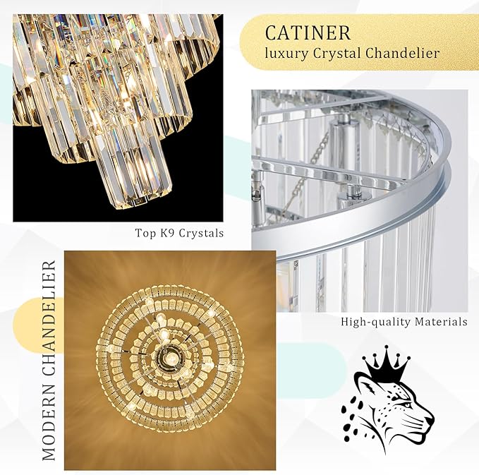 Modern Crystal Chrome Chandelier 15 Lights 24" Round Light Fixture Luxury 5-Tier K9 Crystals Chandelier Contemporary Pendant Lighting for Dinning Room Living Room Foyer Kitchen
