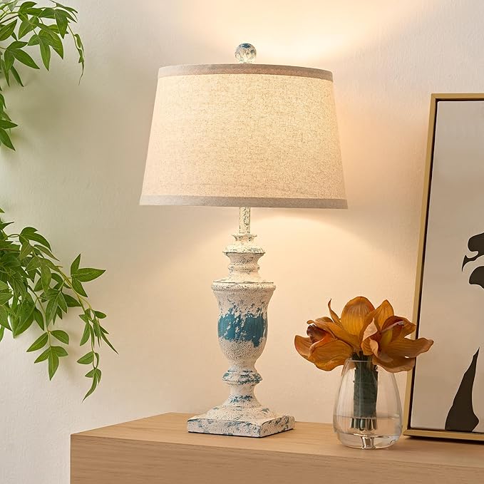 23" Farmhouse Table Lamps Set of 2, 3 Way Dimmable Lamps with 2 LED Bulbs and Rocker Switch, Vintage Nightstand Lamp for Bedroom Living Room Office End Table Entryway, Washed Blue