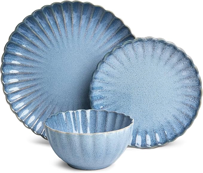 Sango 12 Pieces Stoneware Dinnerware Set, Modern Reactive Blue Dishes for 4, Premium Serving Plates and Bowls Sets, Chip Resistant Plate, Ceramic Dishware, Kitchen Dish Set, Scallop Dining Ware, Frill