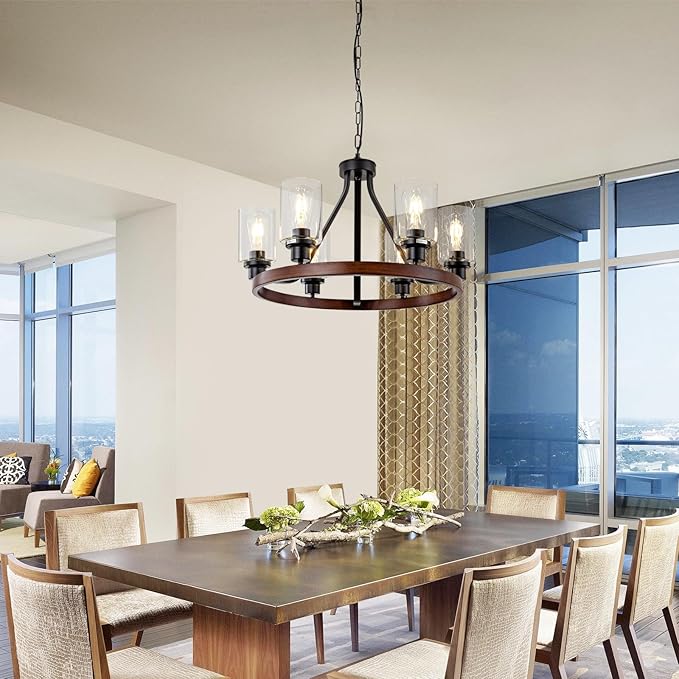6-Light Farmhose Chandelier for Dining Room Light Fixture Faux Wood Kitchen Pendant Light Round Rustic Ceiling Hanging Lighting with Glass Globes Adjustable Height Metal E26