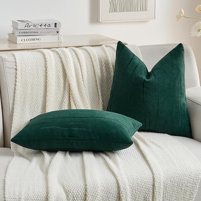 FUTEI Dark Green Chenille Decorative Throw Pillow Covers 16x16 Inch Set of 2,Soft Embossed Striped Textured Cushion Case,Modern Home Decor for Couch Bed Living Room