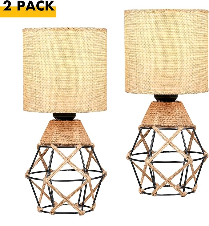 Hamilyeah Woven Table Lamps Set of 2, Boho Bedside Lamps with Fabric Shade, Farmhouse Lamps for Night Stands with On/Off Switch, Modern Industrial Desk Lamps for Bedroom, Living Room, Office