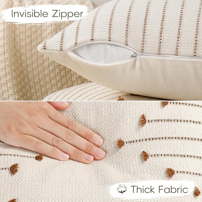 YCOLL Boho Throw Pillow Covers 18x18 Set of 2 Neutral Woven Decorative Pillowcases Cotton Tufted Couch Pillows Modern Farmhouse Accent Cushion Covers for Sofa Couch Bed Living Room Home Decor, Brown