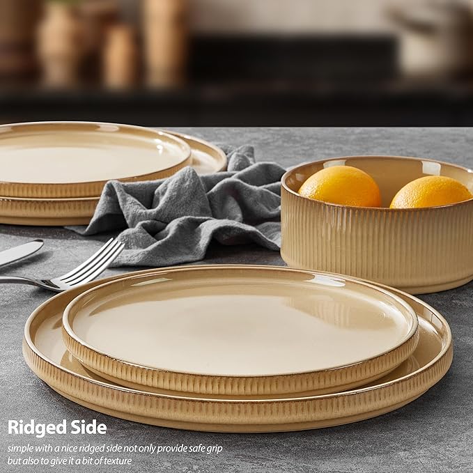 LIANYU 24 Piece Dinnerware Plates and Bowls for 6, Ceramic Elegant Stoneware Dishes Sets with Pasta Bowls, Modern Ribbed Dining Ware Dishware for Restaurant Wedding, Dishwasher Safe, Dune Khaki