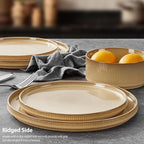 LIANYU 16 Piece Dinnerware Sets with Double Bowls, Ceramic Plates and Bowls Set for 4, Ribbed Stoneware Dishes, Microwave and Dishwasher Safe, Dune Khaki