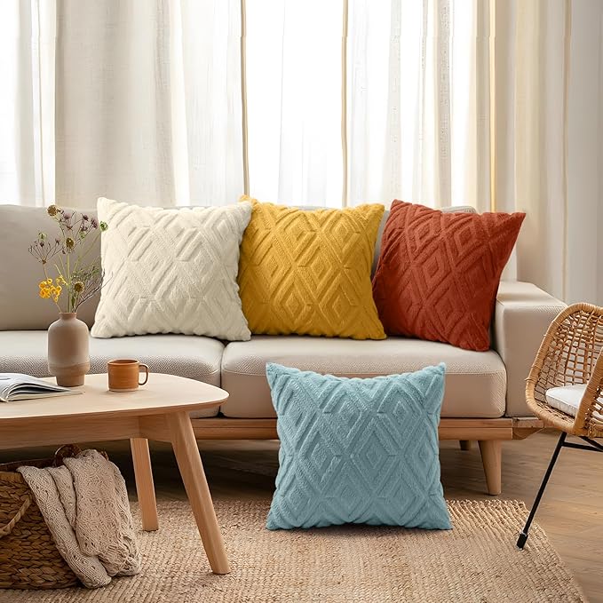 decorUhome Pack of 4 Faux Fur Throw Pillow Covers 18x18, Soft Decorative Couch Pillow Covers with Velvet Back for Modern Sofa Living Room, Yellow/Rust