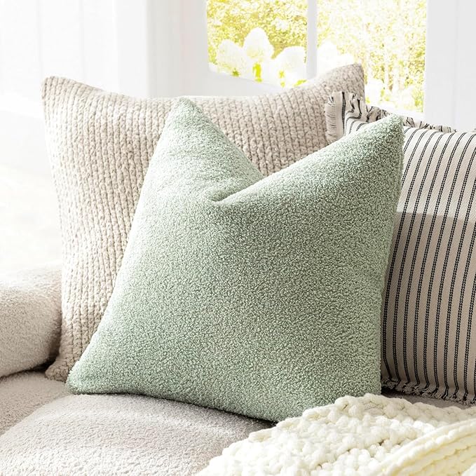 Foindtower Pack of 2, Curly Faux Fur Decorative Throw Pillow Covers Soft Fuzzy Plush Cushion Case with Zipper Cozy Pillowcase for Home Living Room Couch Bed Sofa 18 x 18 Inch, Sage Green