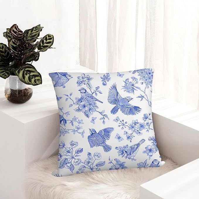 Blue Floral Bird Pillow Covers 18x18 Inch, Chinoiserie Throw Pillow Cases Set of 4 Spring Summer Flower Decorative Pillowcases for Couch Bed Sofa Cushion Living Room, Chinoiserie Decor