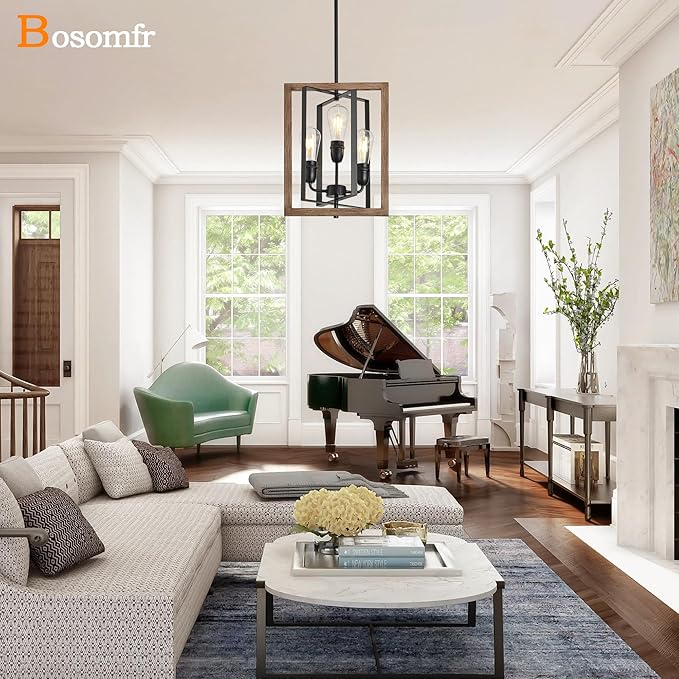 3-Light Chandelier for Entryway, Modern Farmhouse Chandelier for Foyer Bedroom Light Fixture, Rustic Hanging Lights for Dining Room Living Kitchen Island, Adjustable Black and Imitation Wood