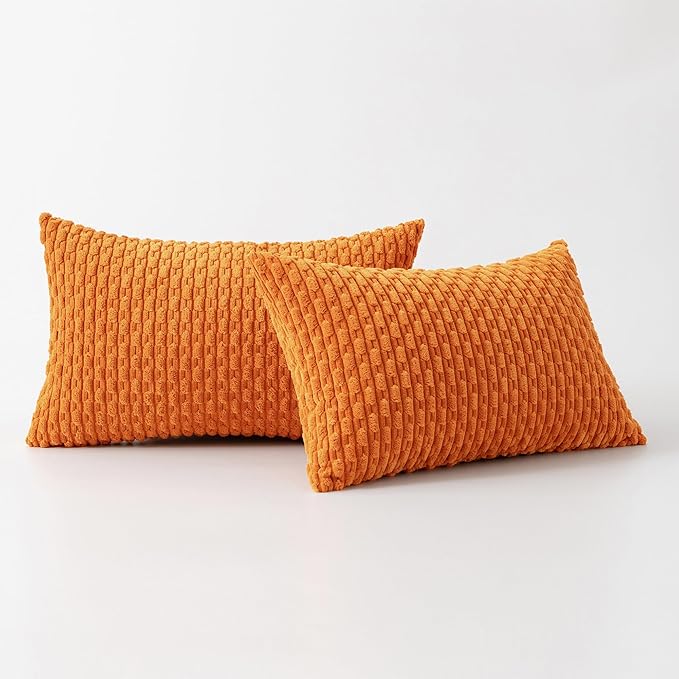 Kevin Textile Fall Pack of 2 Corduroy Decorative Throw Pillow Covers 12x20 Inch Soft Boho Striped Pillow Covers Modern Farmhouse Home Decor for Spring Sofa Living Room Couch Bed Orange